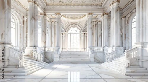 Grand marble hall with elegant columns and stairs  bathed in natural light from large arched windows  perfect for elegant architectural themes.