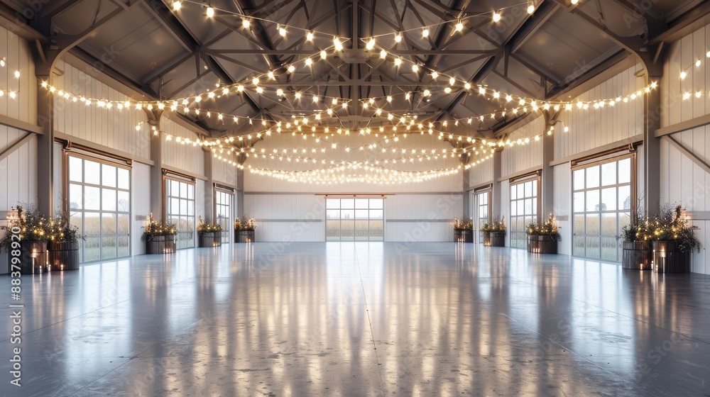 Obraz premium Spacious, elegant event hall with high ceilings, polished floors, and string lights, perfect for weddings, parties, and corporate events.
