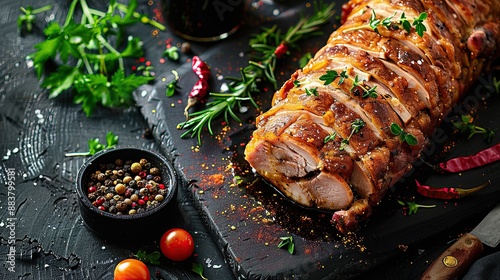 Pork stuffed roll prepared on the grill, roll, dinner, stuffed turkey breast roll for festive dinner, Close up
