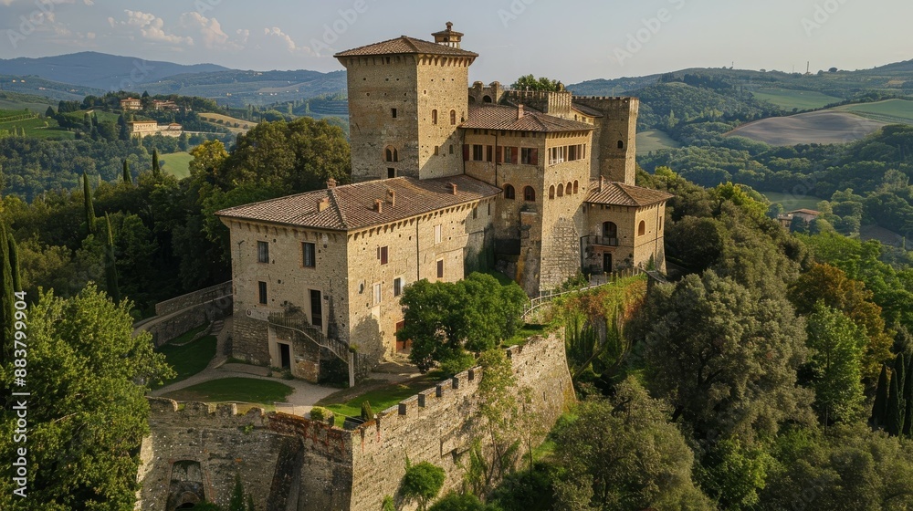 Fototapeta premium Aerial view of an ancient castle situated on a hill surrounded by lush greenery and rolling hills under a clear sky.