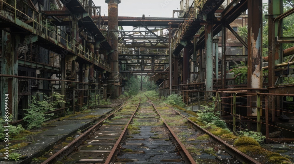 An abandoned industrial railway with rusty metal structures and overgrown vegetation, evoking a post-apocalyptic atmosphere. An abandoned industrial railway with rusty metal structures and overgrown vegetation, evoking a post-apocalyptic atmosphere.