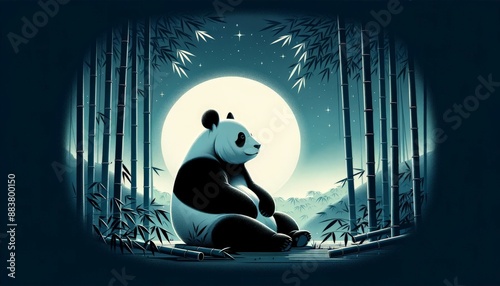 Image of a panda in a bamboo garden on a full moon night. Panda is a mammal that is currently classified in the bear family. resident in China