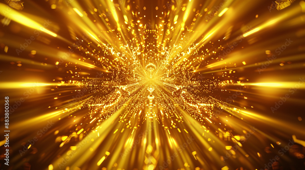 Obraz premium Luxurious golden glowing background with symmetrical crystal shapes and light rays