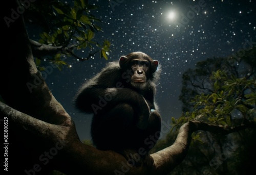 Picture of a chimpanzee on a tree in the forest on a bright moon and starry night. Chimpanzees have a very good memory and are more intelligent than orangutans and gorillas.