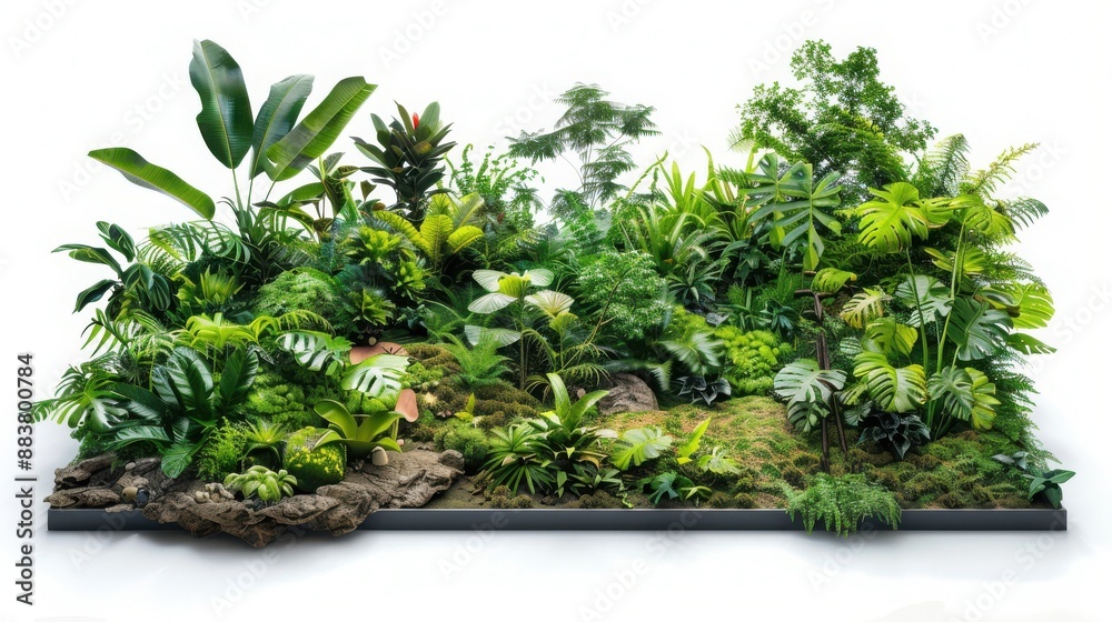 Lush green tropical rainforest with dense foliage and various plants for nature, jungle, and botanical themes. Lush green tropical rainforest with dense foliage and various plants for nature, jungle, and botanical themes.