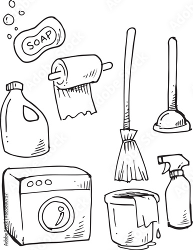 set of cleaning elements  doodle vector illustration
