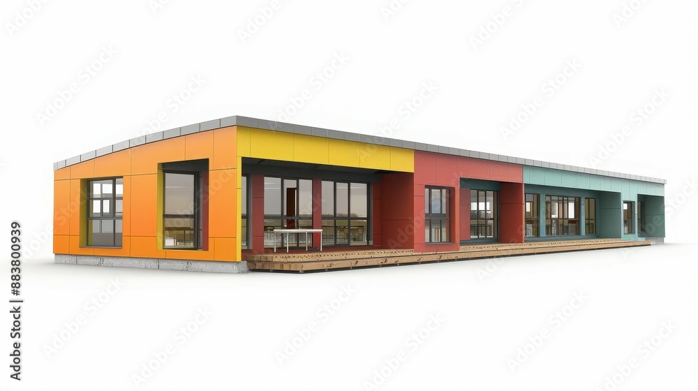 Modern colorful modular building with red, yellow, and orange sections. Contemporary architecture and minimalistic design on a white background. Modern colorful modular building with red, yellow, and orange sections. Contemporary architecture and minimalistic design on a white background.