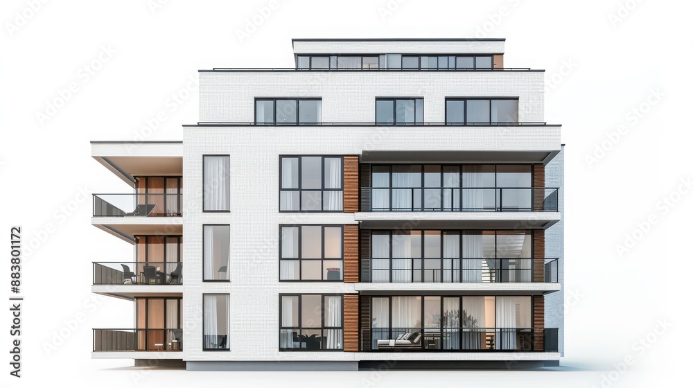 Modern white apartment building with large windows and balconies, captured in minimalistic style against a white background. Modern white apartment building with large windows and balconies, captured in minimalistic style against a white background.