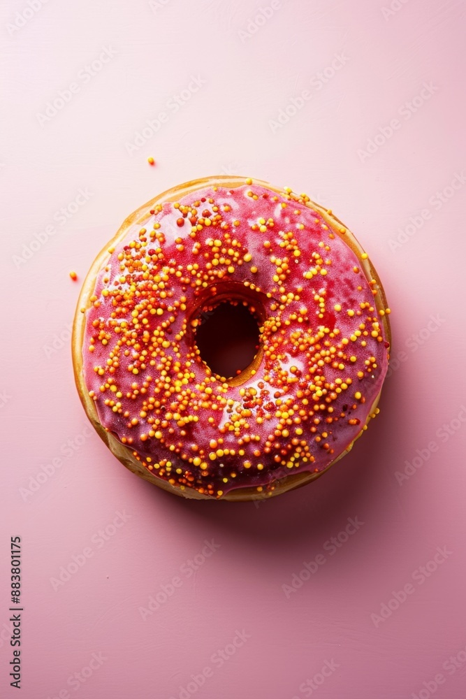 Delicious glazed donut with sprinkles and frosting, top view on pink background. Sweet dessert food photography. Delicious glazed donut with sprinkles and frosting, top view on pink background. Sweet dessert food photography.