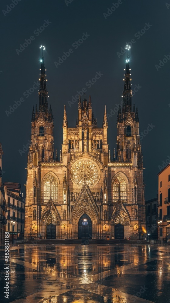 Night view of a stunning gothic-style cathedral with illuminated facade, reflecting on wet pavement in a serene urban setting. Night view of a stunning gothic-style cathedral with illuminated facade, reflecting on wet pavement in a serene urban setting.