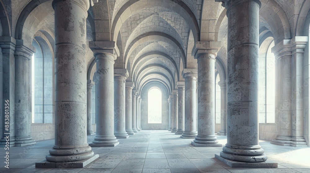 Stunning interior view of an ancient stone hallway with majestic columns and arches, bathed in soft natural light. Stunning interior view of an ancient stone hallway with majestic columns and arches, bathed in soft natural light.