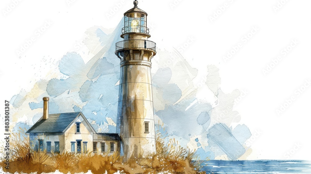 Fototapeta premium Watercolor illustration of a modern, minimalist lighthouse with clean lines, copy space for text
