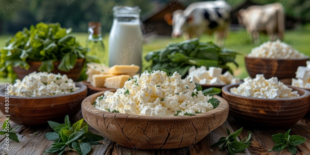Fresh dairy products on a wooden table in a rustic countryside setting Fresh dairy products on a wooden table in a rustic countryside setting
