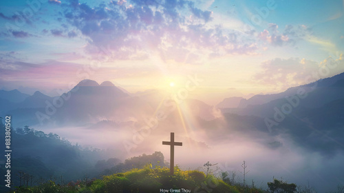 Majestic dawn scene with mountains, wooden cross, and divine beauty