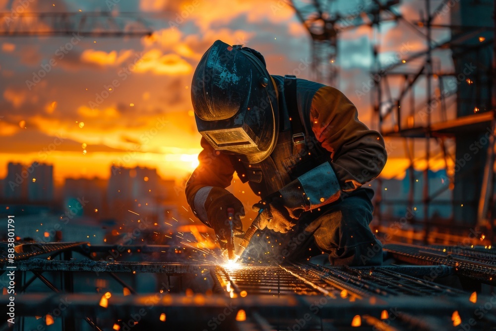 A welder in protective gear diligently works on a steel structure against a twilight sky. A welder in protective gear diligently works on a steel structure against a twilight sky.
