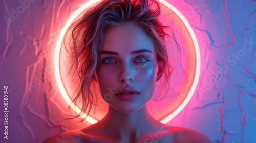 A young woman poses, bathed in the ethereal glow of a ring light, accentuating her striking features and gaze.