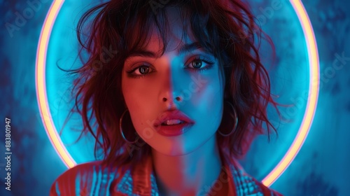 A young woman poses, bathed in the ethereal glow of a ring light, accentuating her striking features and gaze.