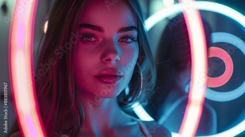 A young woman poses, bathed in the ethereal glow of a ring light, accentuating her striking features and gaze.