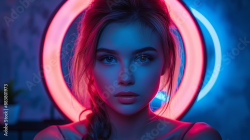A young woman poses, bathed in the ethereal glow of a ring light, accentuating her striking features and gaze.