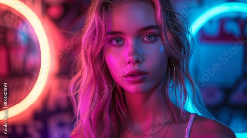 Captivating portrait of a young woman illuminated by a selfie ring light