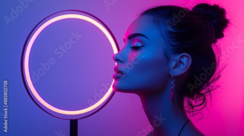 Captivating portrait of a young woman illuminated by a selfie ring light