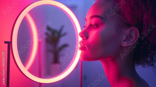 Captivating portrait of a young woman illuminated by a selfie ring light