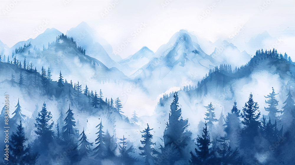 Obraz premium Misty mountain landscape with pine forests in serene watercolor