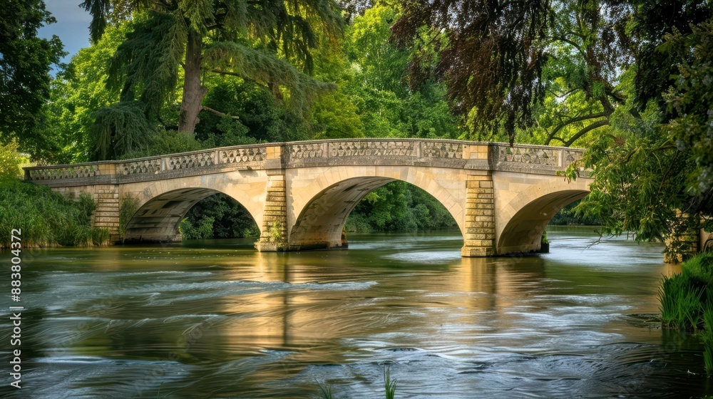 Fototapeta premium A historic bridge with graceful arches spanning a tranquil river