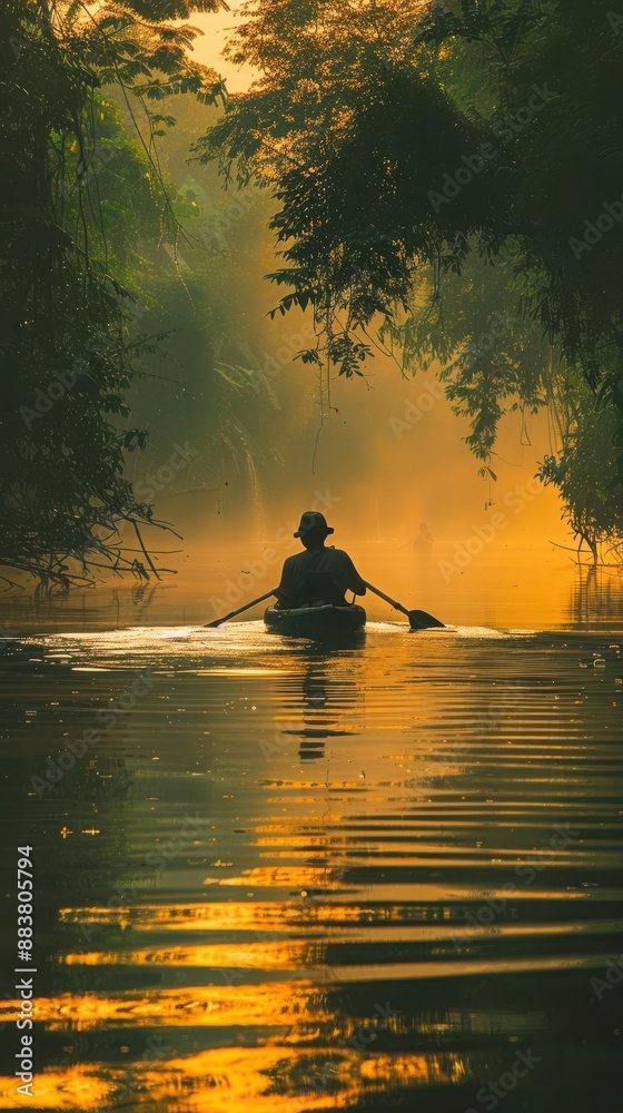 A person gracefully paddling a canoe on a tranquil river