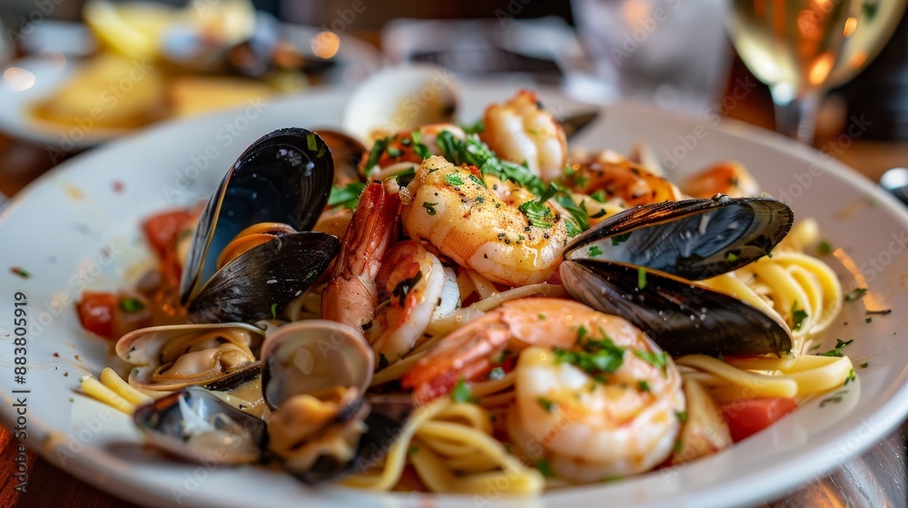 A plate of seafood linguine, with a light white wine and garlic sauce, fresh clams, mussels, and shrimp. A plate of seafood linguine, with a light white wine and garlic sauce, fresh clams, mussels, and shrimp.