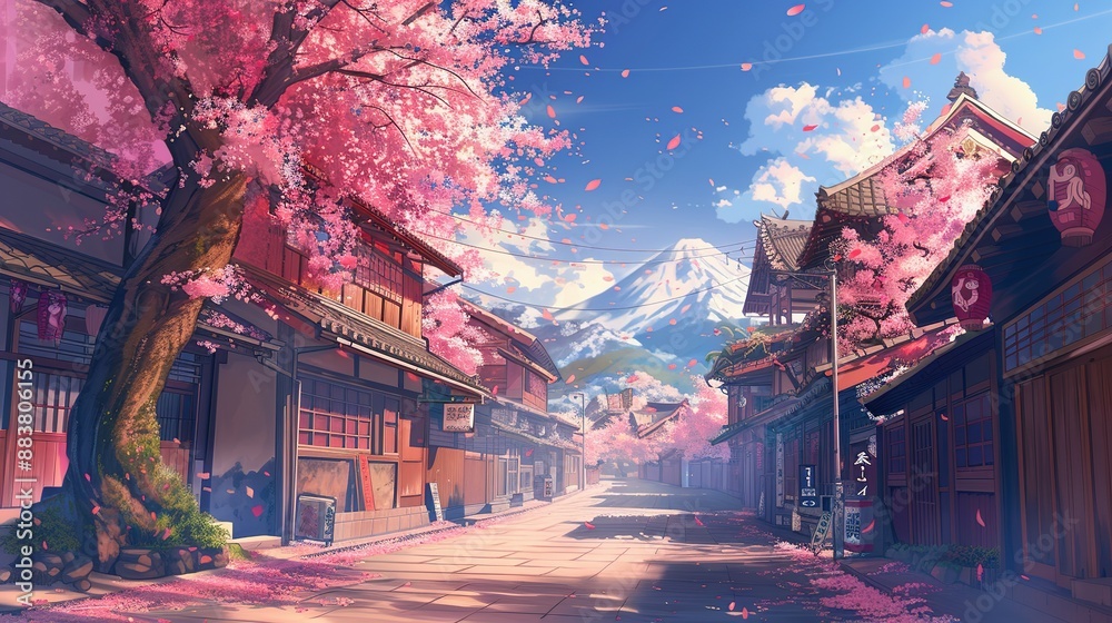 Fototapeta premium Anime cherry blossom street with Mount Fuji in background