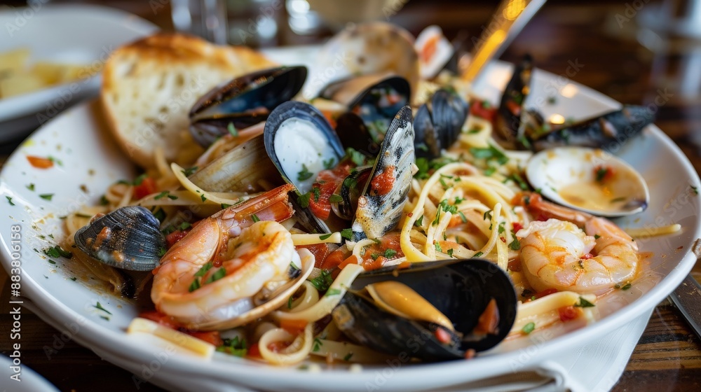 A plate of seafood linguine, with a light white wine and garlic sauce, fresh clams, mussels, and shrimp. A plate of seafood linguine, with a light white wine and garlic sauce, fresh clams, mussels, and shrimp.
