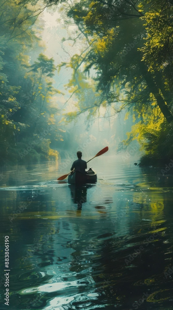 Man kayaking through a tranquil river surrounded by lush greenery and mist in the early morning light. Man kayaking through a tranquil river surrounded by lush greenery and mist in the early morning light.