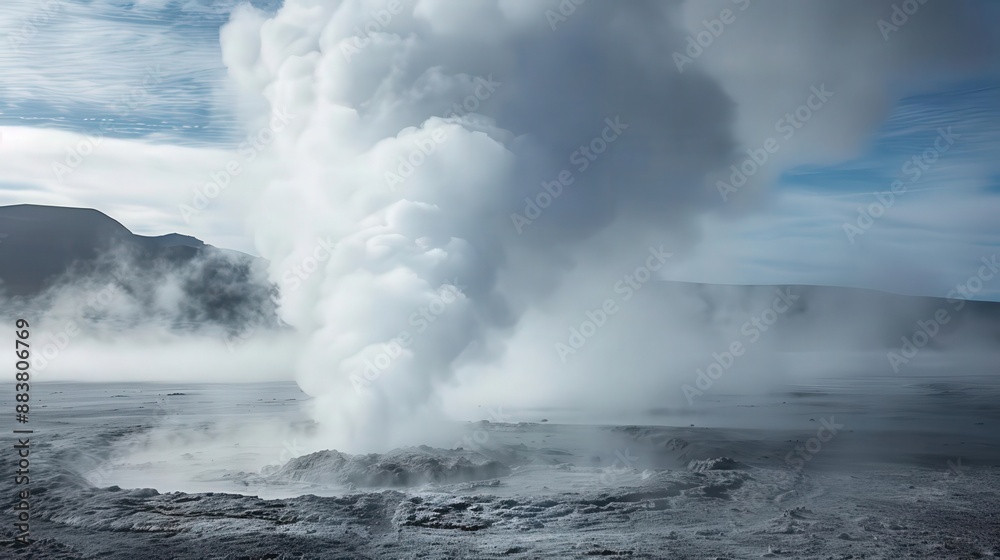 A breathtaking view of a powerful geyser erupting amidst a desolate landscape with steam rising against a clear blue sky. A breathtaking view of a powerful geyser erupting amidst a desolate landscape with steam rising against a clear blue sky.