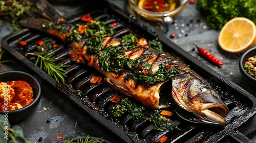 Crispy greens and bbq fish on an iron backdrop