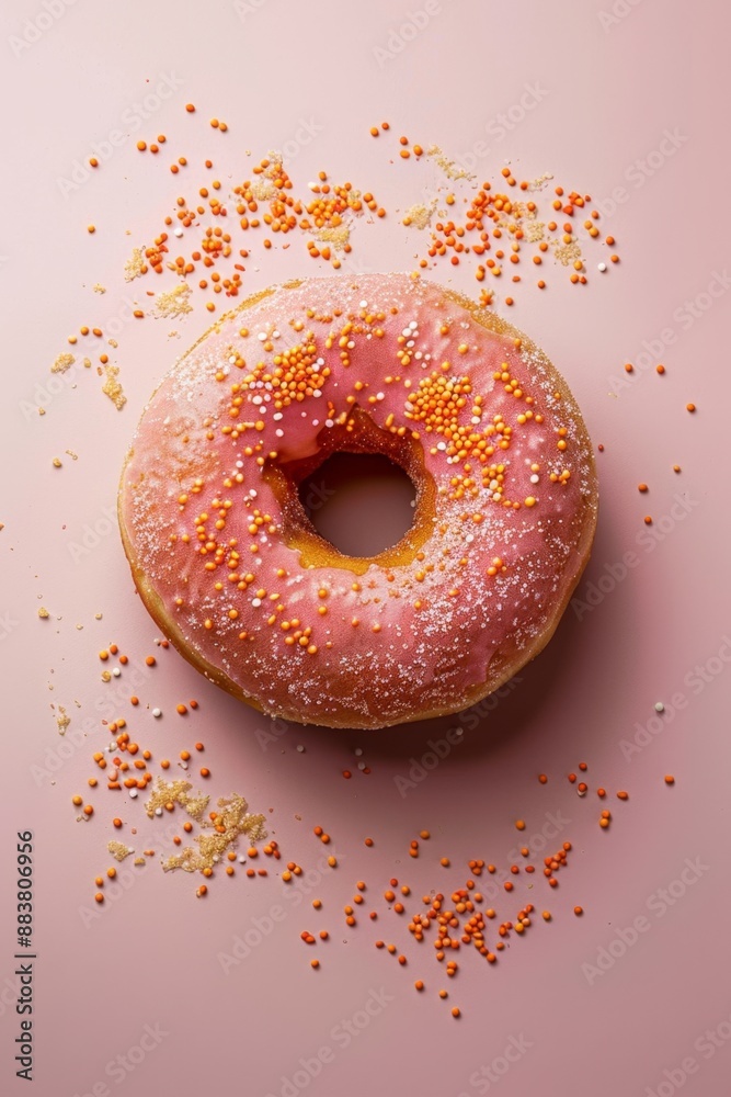 Delicious glazed donut with sprinkles and frosting, top view on pink background. Sweet dessert food photography. Delicious glazed donut with sprinkles and frosting, top view on pink background. Sweet dessert food photography.