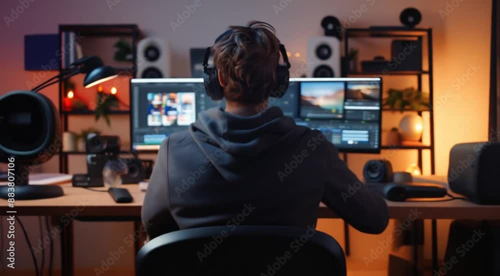 A young man working in a recording studio, surrounded by equipment and monitors. He is focused on his work, indicating a creative and productive environment. A young man working in a recording studio, surrounded by equipment and monitors. He is focused on his work, indicating a creative and productive environment.