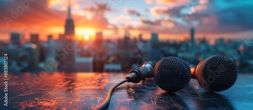 Two Microphones on a Table with a Vibrant Cityscape Background at Sunset photo