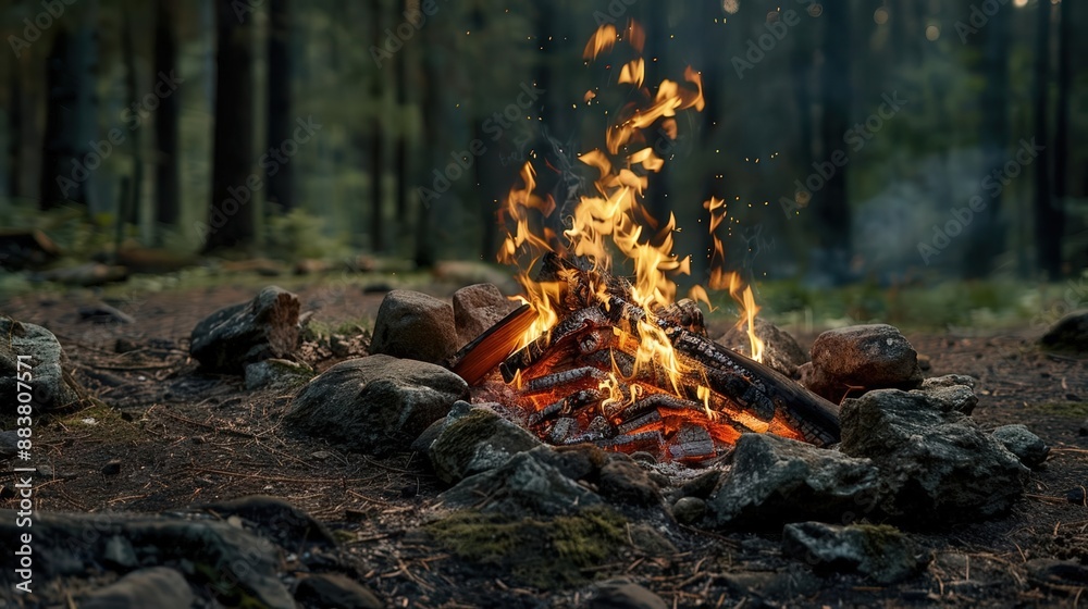 A vibrant campfire burns brightly in the midst of a serene forest, surrounded by rocks and trees, creating a warm, cozy atmosphere. A vibrant campfire burns brightly in the midst of a serene forest, surrounded by rocks and trees, creating a warm, cozy atmosphere.