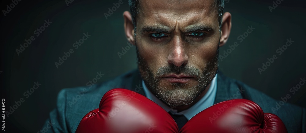 Determined Businessman Wearing Boxing Gloves Ready for Challenge in Dark Studio Determined Businessman Wearing Boxing Gloves Ready for Challenge in Dark Studio