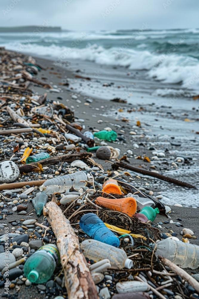 Obraz premium Polluted Beach with Plastic Waste and Debris Washed Ashore on a Stormy Day