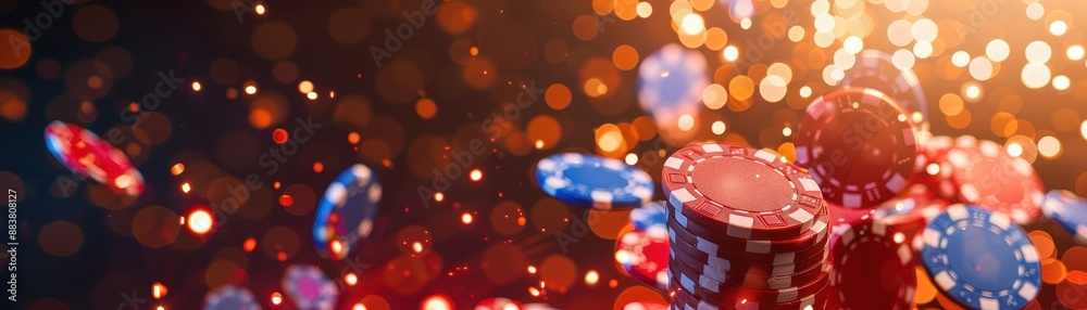 Colorful Casino Chips Falling with Bokeh Lights in Background - Gambling and Entertainment Concept Colorful Casino Chips Falling with Bokeh Lights in Background - Gambling and Entertainment Concept