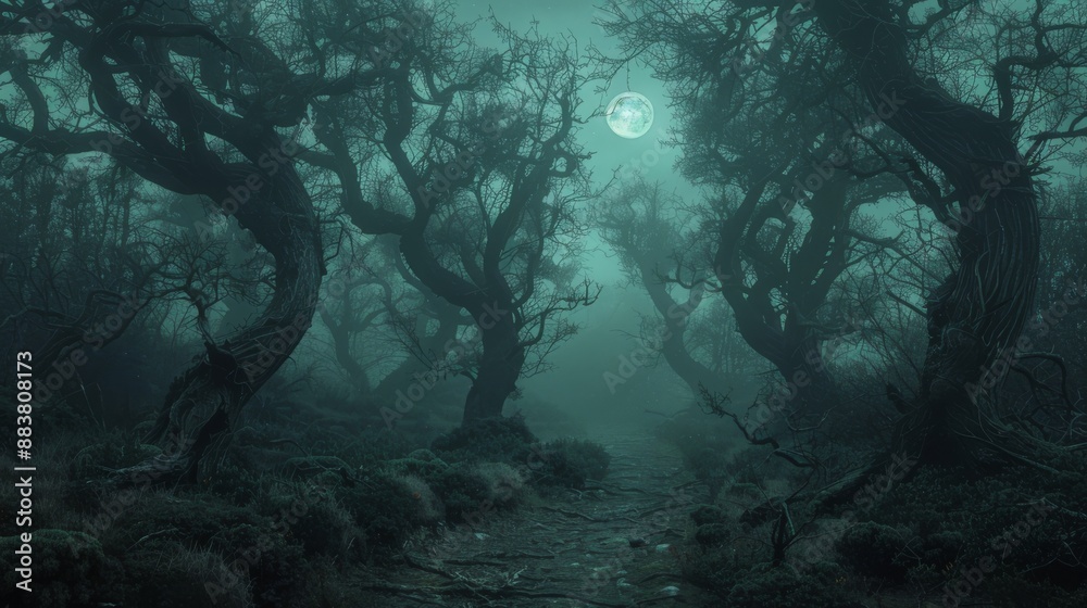 Fototapeta premium Eerie Forest Path Under a Full Moon.