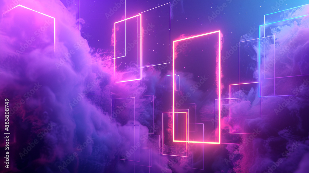 Neon lights bring colorful glow to modern game show colorful empty photo studio with lighting equipment & smoke. Neon lights bring colorful glow to modern game show colorful empty photo studio with lighting equipment & smoke.