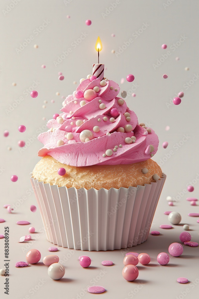 Delicious Pink Frosted Cupcake with Sprinkles and Candle for Celebrations and Birthdays Delicious Pink Frosted Cupcake with Sprinkles and Candle for Celebrations and Birthdays