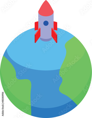Cartoon spaceship rocket taking off leaving earth planet for space travel, astronomy and aerospace industry concept