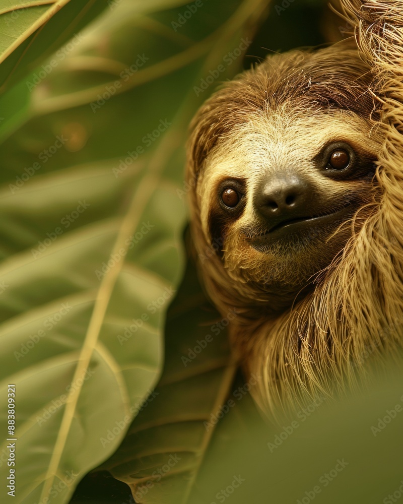 Fototapeta premium Serene Sloth Engaging with Nature in a Lush, Dense Forest Environment - A Display of Wildlife in Its Natural Habitat