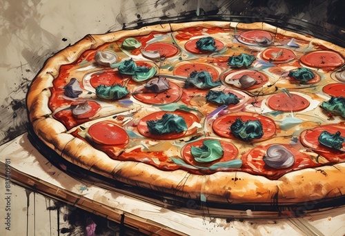 Close-up of a pizza, painted in abstract expressionism, hrd colours, rustic paint brushes, sketch style