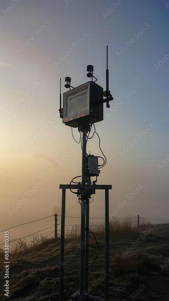Weather monitoring station with antennas and sensors at sunset. Used for climate data collection and atmospheric research in remote locations. Weather monitoring station with antennas and sensors at sunset. Used for climate data collection and atmospheric research in remote locations.