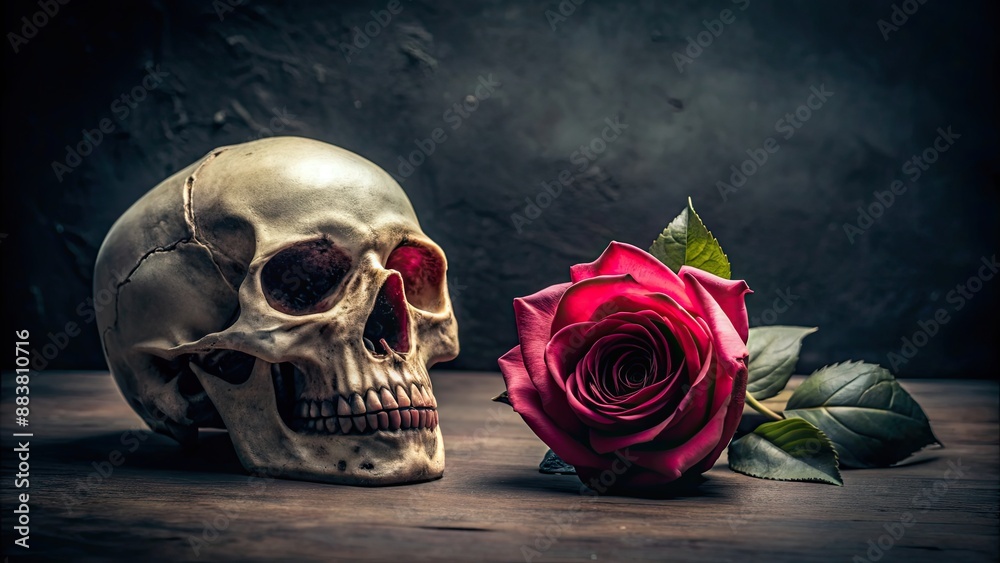 A dark and edgy stock photo featuring a juxtaposition of a delicate rose and grim skull , gothic, contrast, symbolism, death A dark and edgy stock photo featuring a juxtaposition of a delicate rose and grim skull , gothic, contrast, symbolism, death